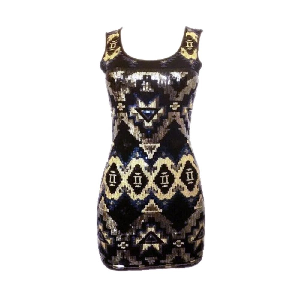 Cache Sequin Aztec Pattern Cocktail Mini Dress - image 1